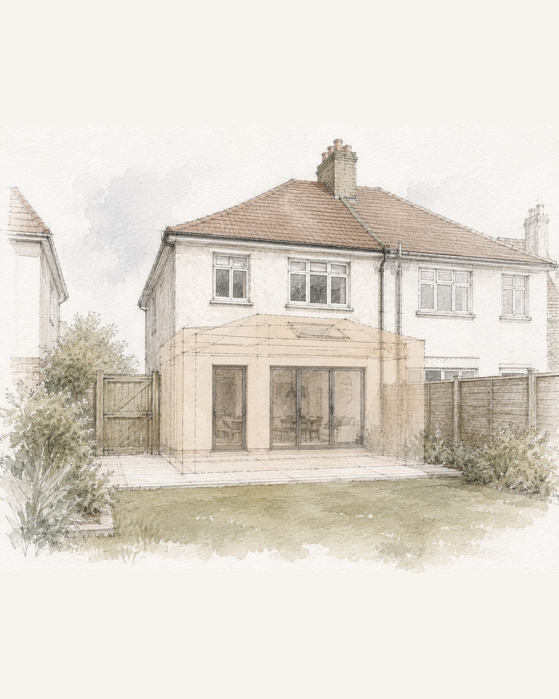 Concept illustration of a single-storey rear extension shown as a massing overlay on an existing 1930s semi-detached house, with full-width glazed doors onto the garden