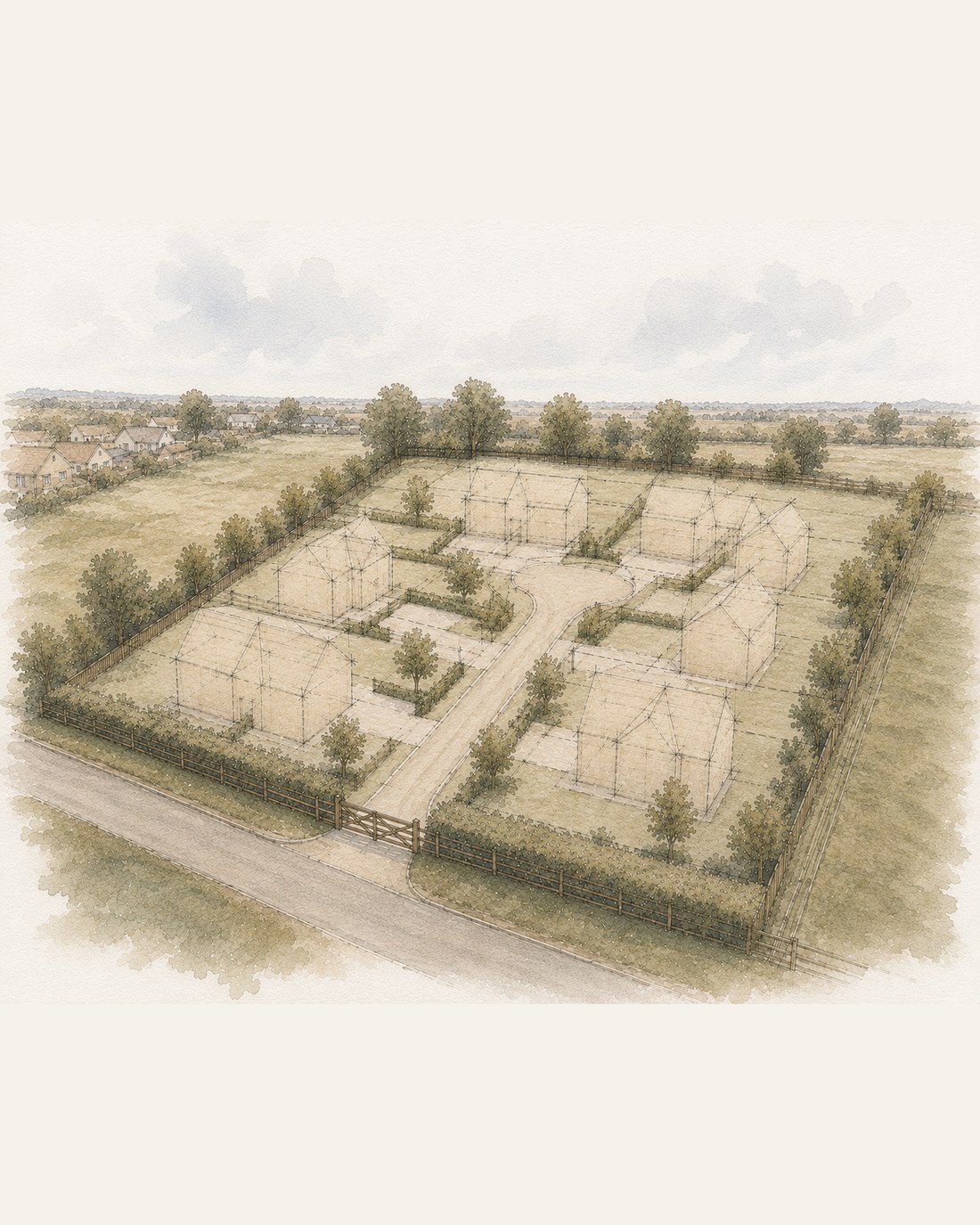Aerial concept illustration of a multi-unit development masterplan shown as massing sketches within a landscaped site, with access road and boundary planting