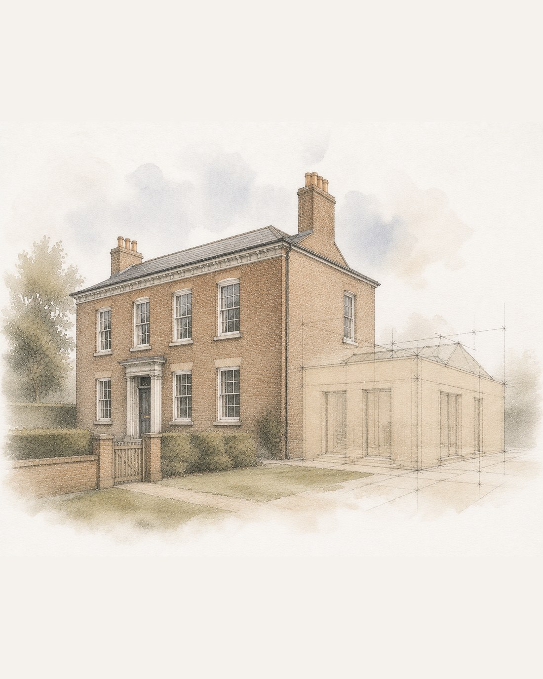 Concept illustration of a side extension shown as a massing overlay on an existing Georgian brick house
