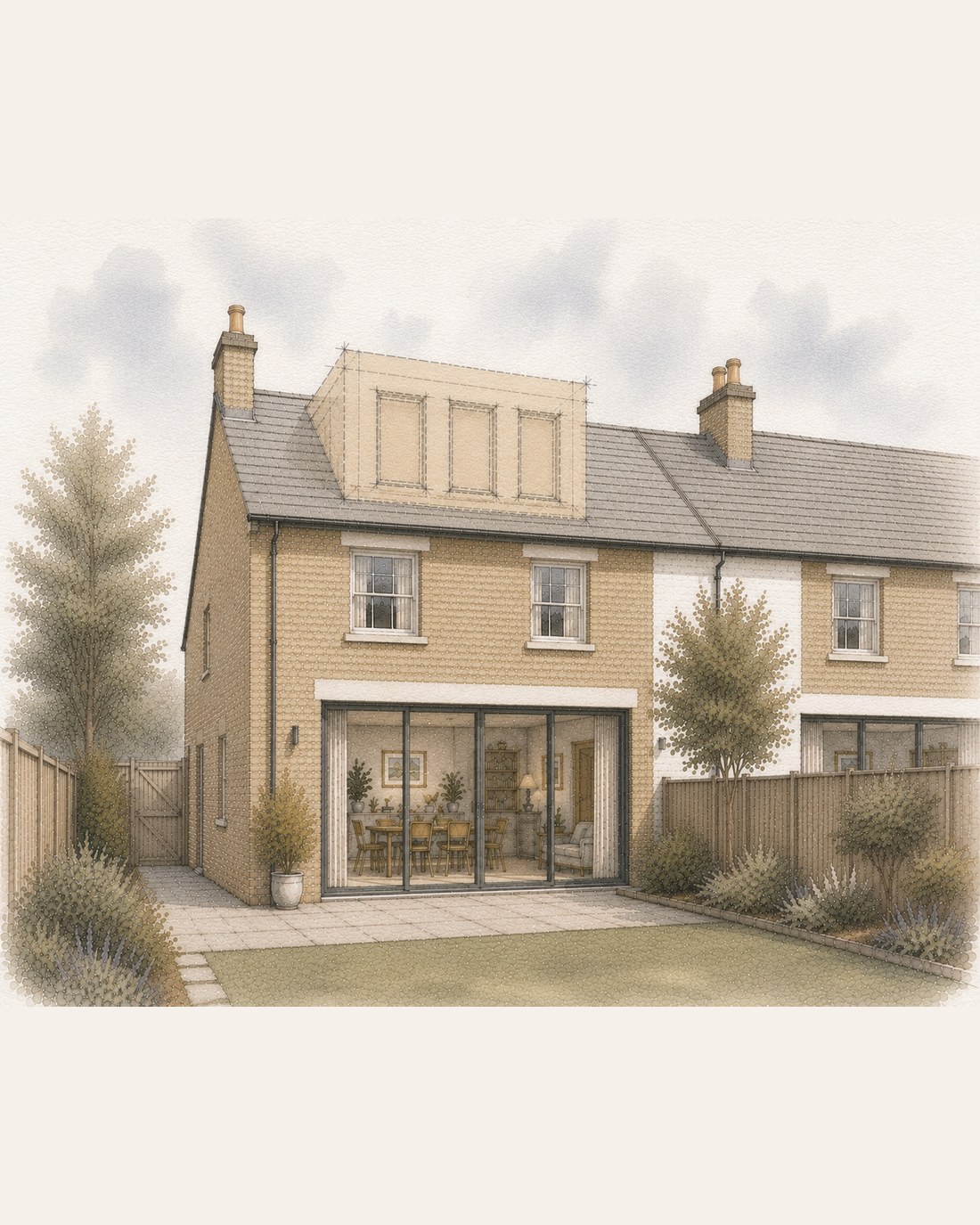 Concept illustration of a rear dormer loft conversion shown as a massing overlay on an existing end-terrace house