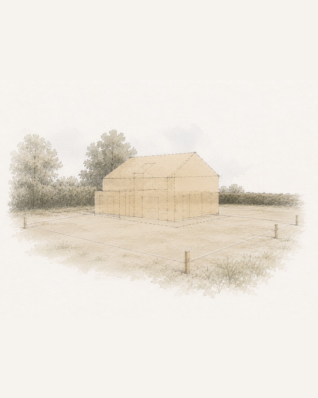 Concept illustration of a new house shown as a massing sketch on a cleared plot, marked out with survey pegs and string lines