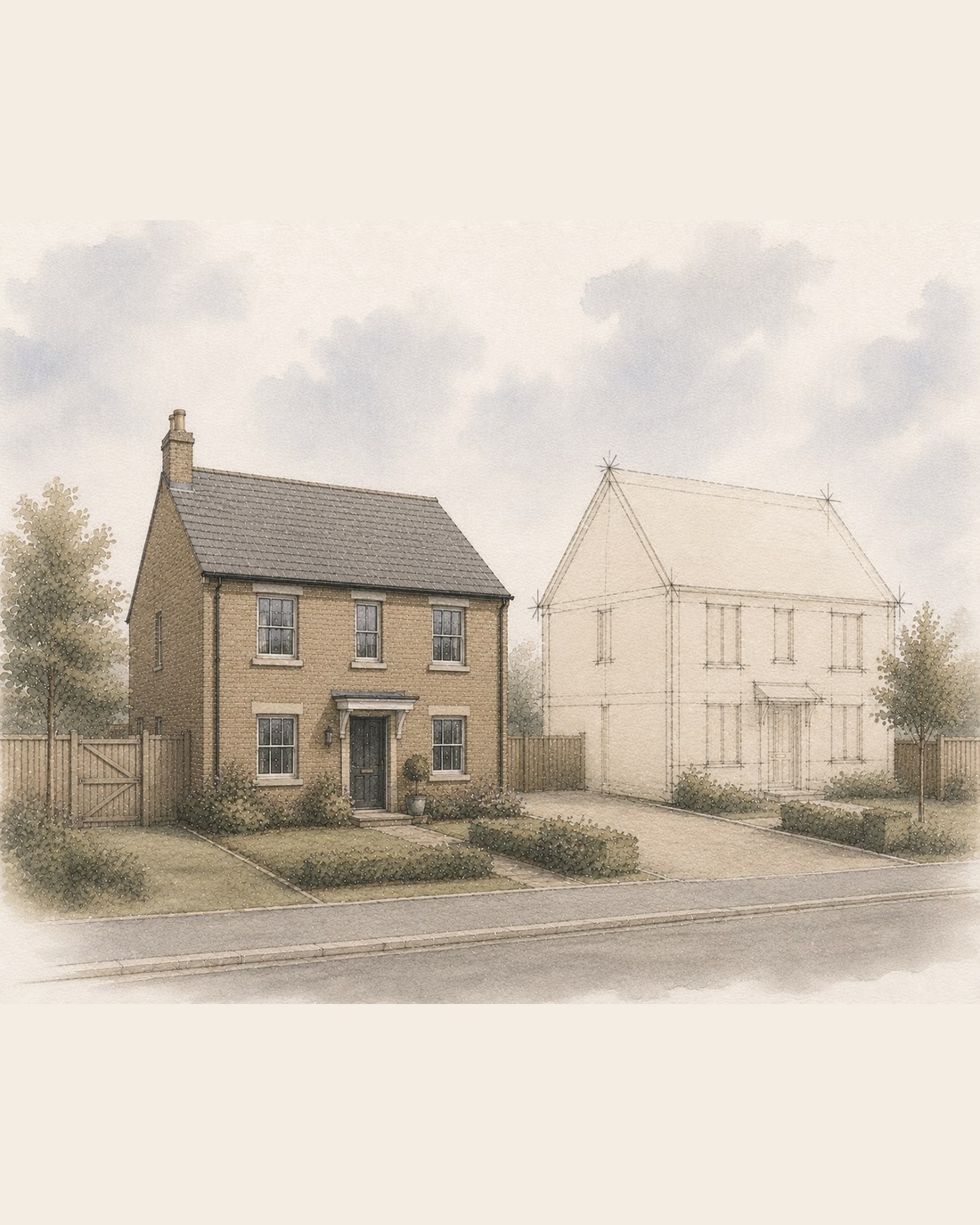 Concept illustration of an additional dwelling shown as a massing sketch alongside an existing house on the same plot