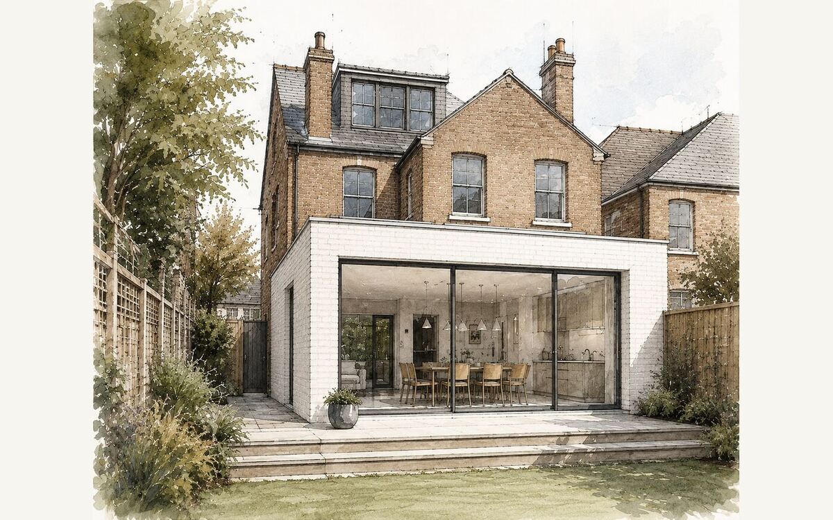 Watercolour concept illustration of a rear extension with full-width glazed doors opening onto a garden terrace