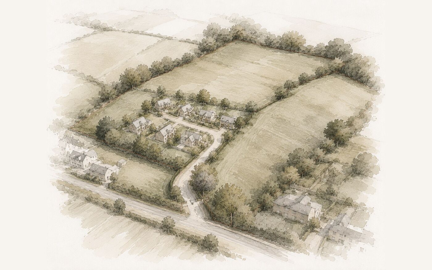 Watercolour concept aerial illustration of a proposed housing site within its surrounding landscape