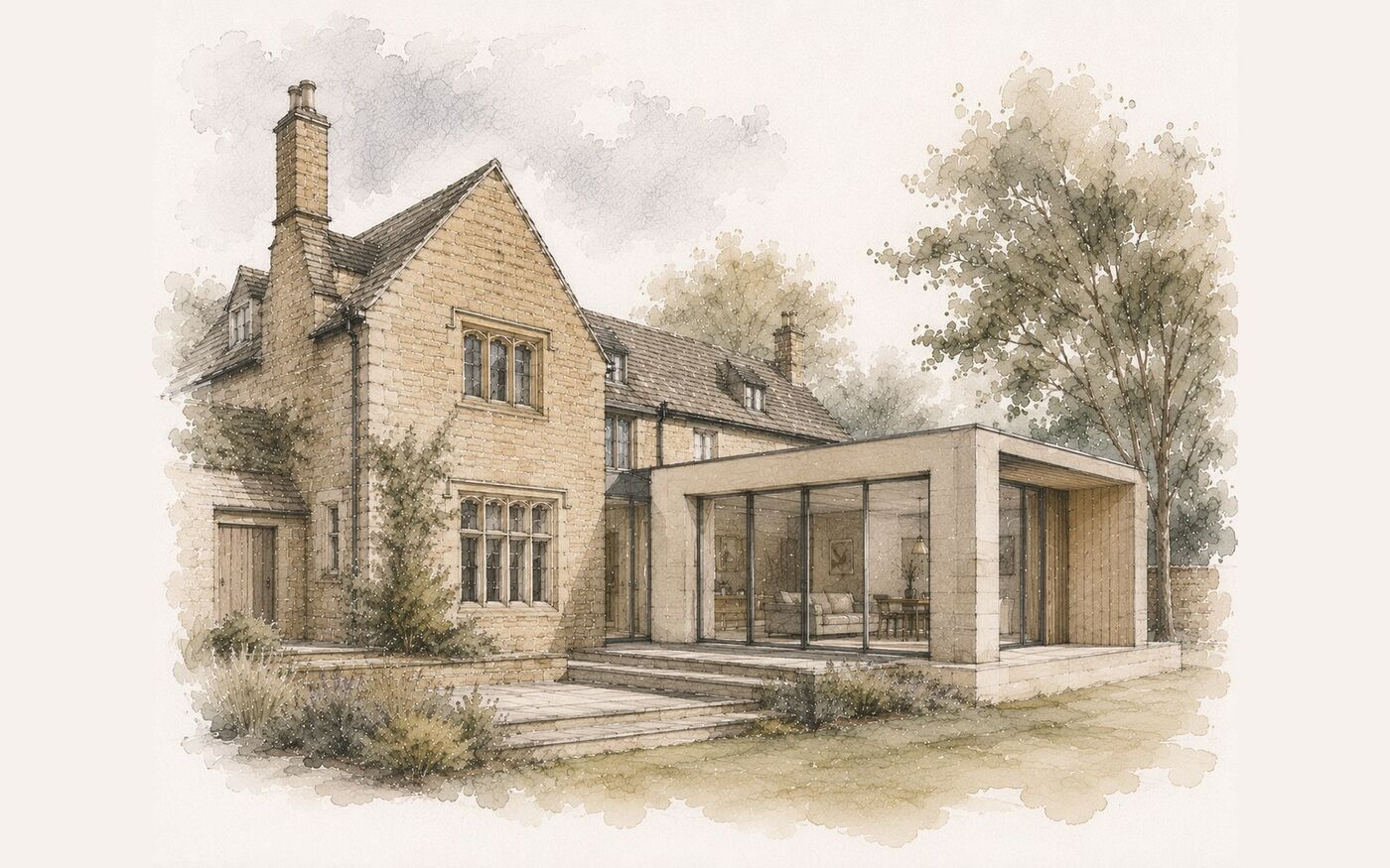Watercolour concept illustration of a stone period building with a contemporary glazed extension