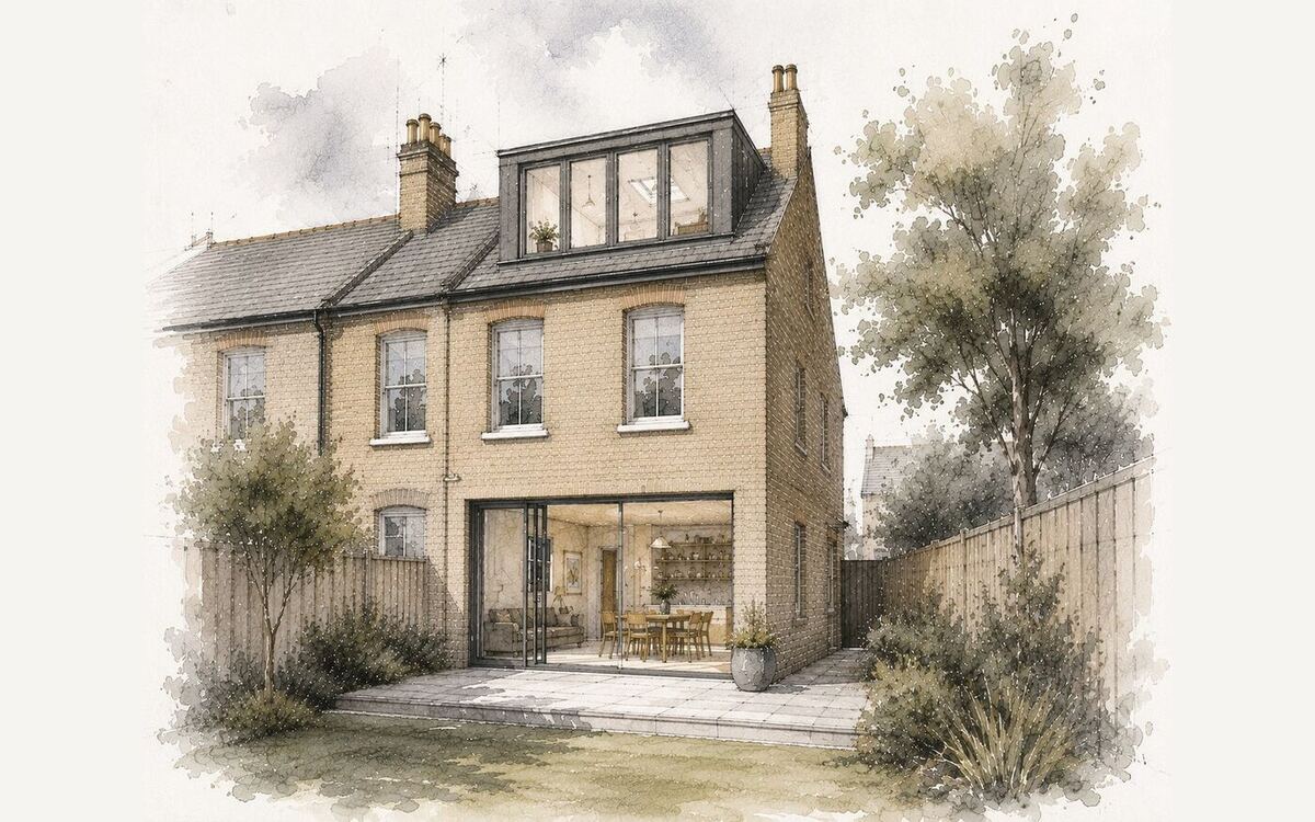 Watercolour concept illustration of a rear dormer loft conversion on a period semi-detached house