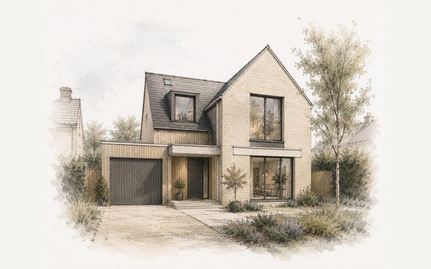 Watercolour concept illustration of a contemporary new-build detached house with an integrated garage