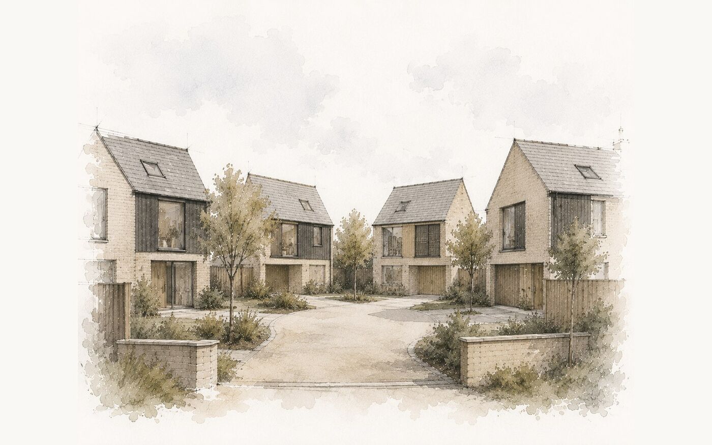 Watercolour concept illustration of a small residential development of new homes arranged around a shared driveway