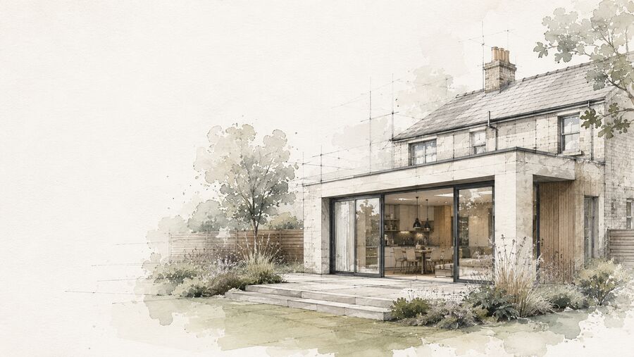 Concept illustration of a contemporary rear extension with full-width glazed sliding doors opening onto a landscaped garden, viewed from the garden looking back at the house