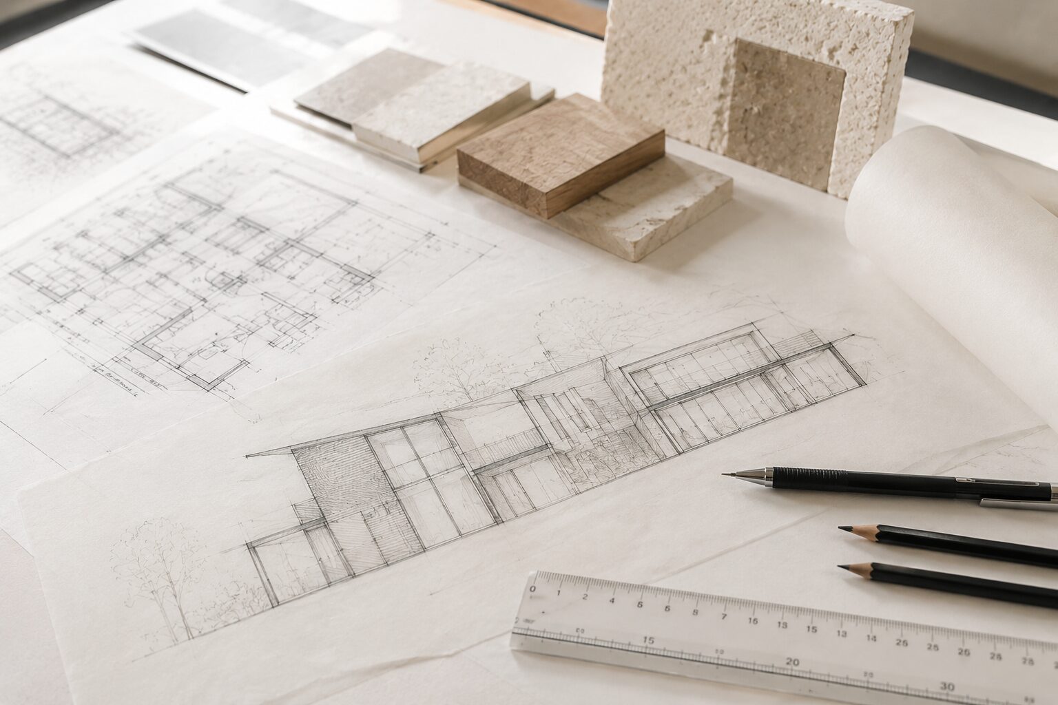 A desk covered in hand-drawn floor plans and section drawings, with sample stone, brick and timber material samples, showing the early design and material-selection stage of a project