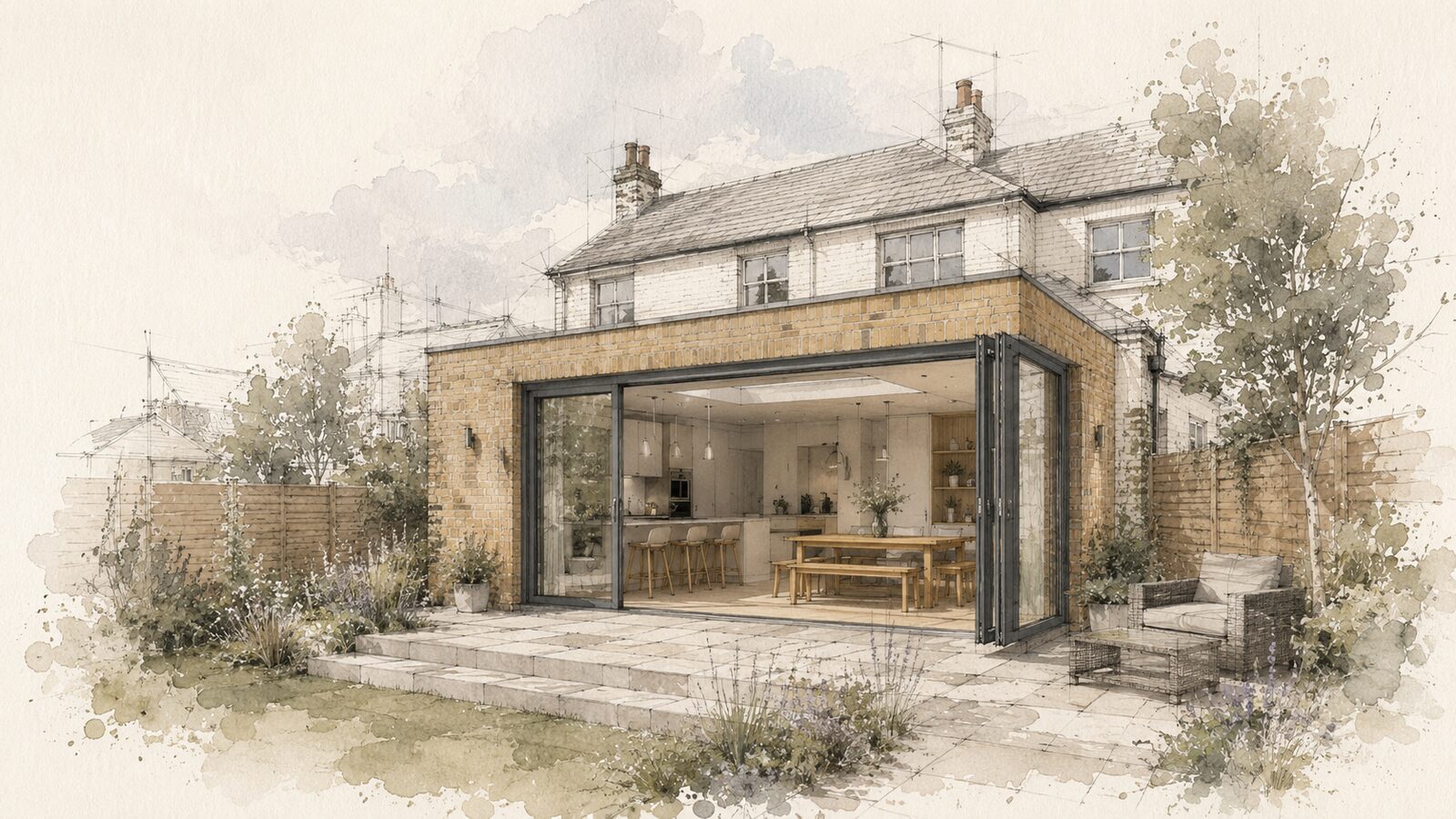 Concept illustration of a contemporary flat-roofed rear extension with full-width glazed sliding doors, opening onto a paved garden terrace and planting