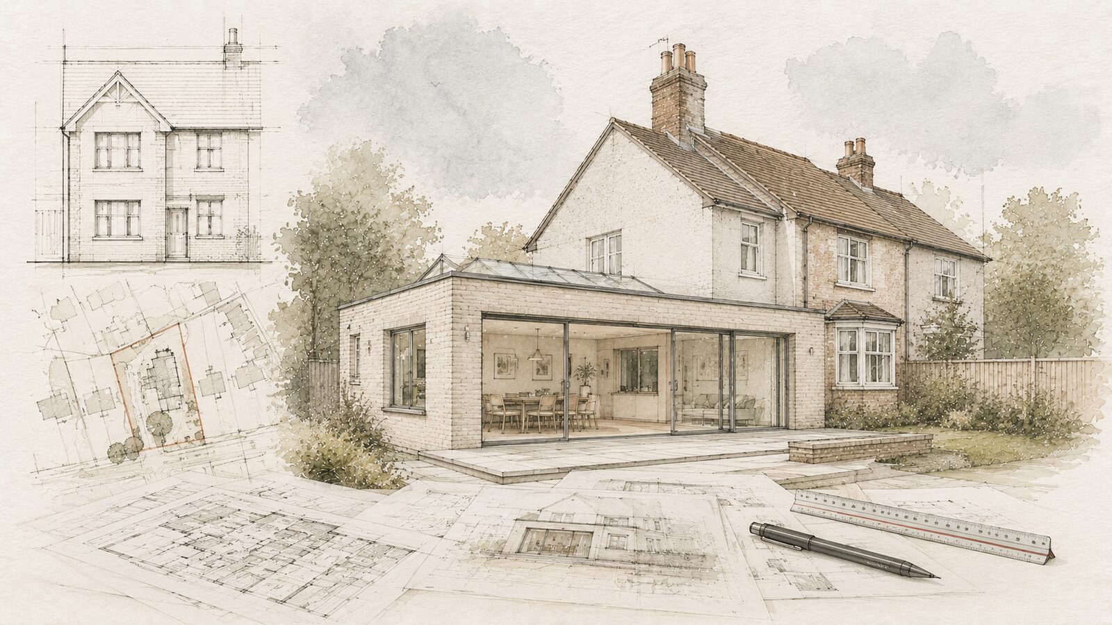 Concept illustration of a house extension elevation drawing alongside a site plan sketch, pencil studies of the proposal in the background