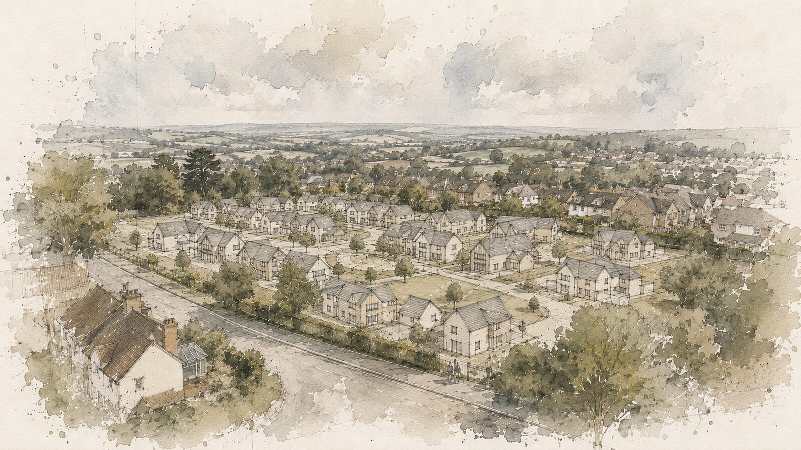 Aerial concept illustration of a completed small residential scheme with new homes arranged around shared green space, within a wider village setting