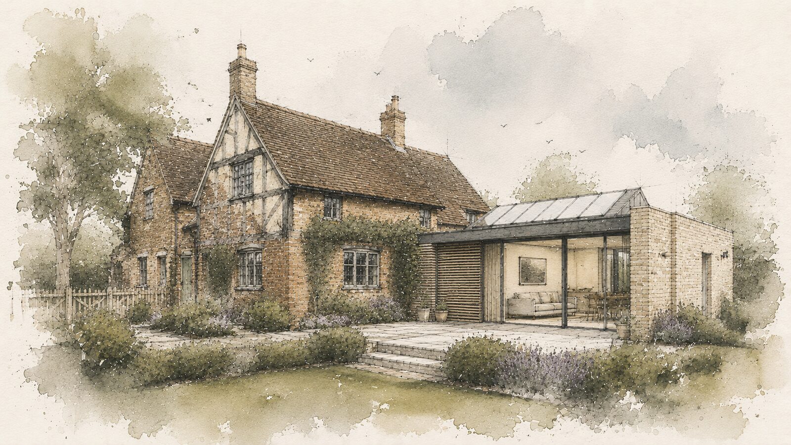 Concept illustration of a traditional brick and timber-framed cottage with a contemporary glazed rear extension, set within a garden