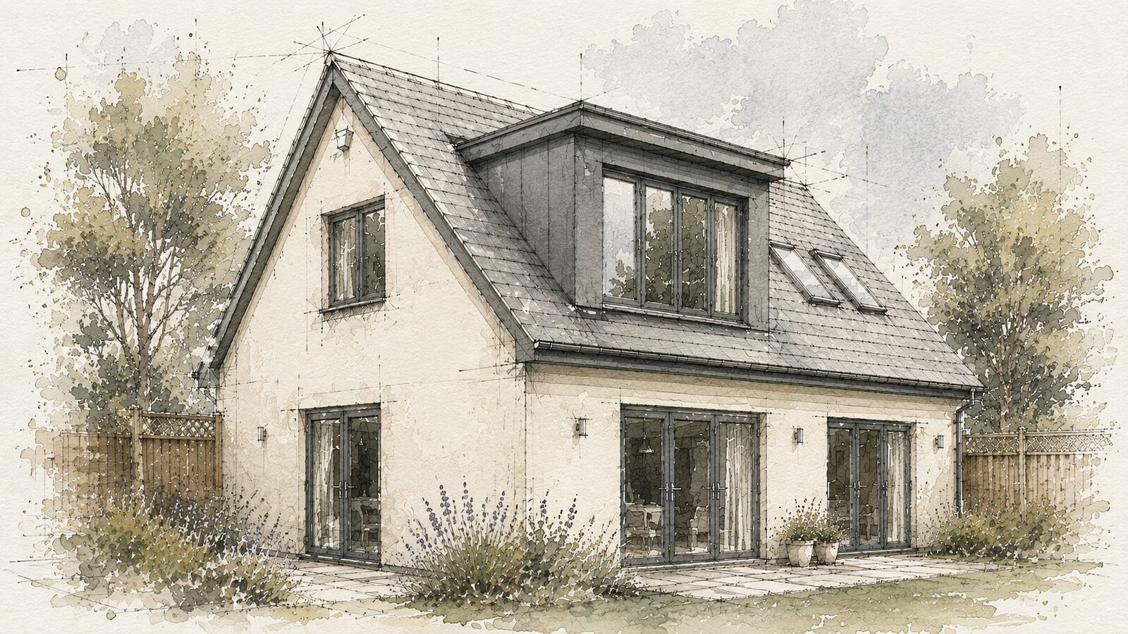 Concept illustration of a gable-fronted house with a rear box dormer loft conversion, glazed doors below opening onto the garden