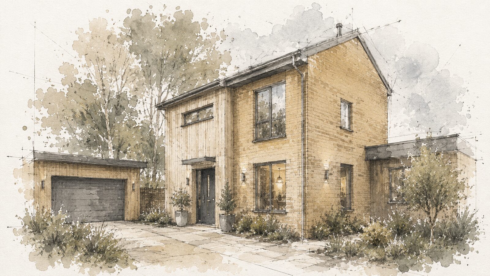 Concept illustration of a new detached house with contemporary brick and vertical timber cladding, set within mature planting and a paved driveway