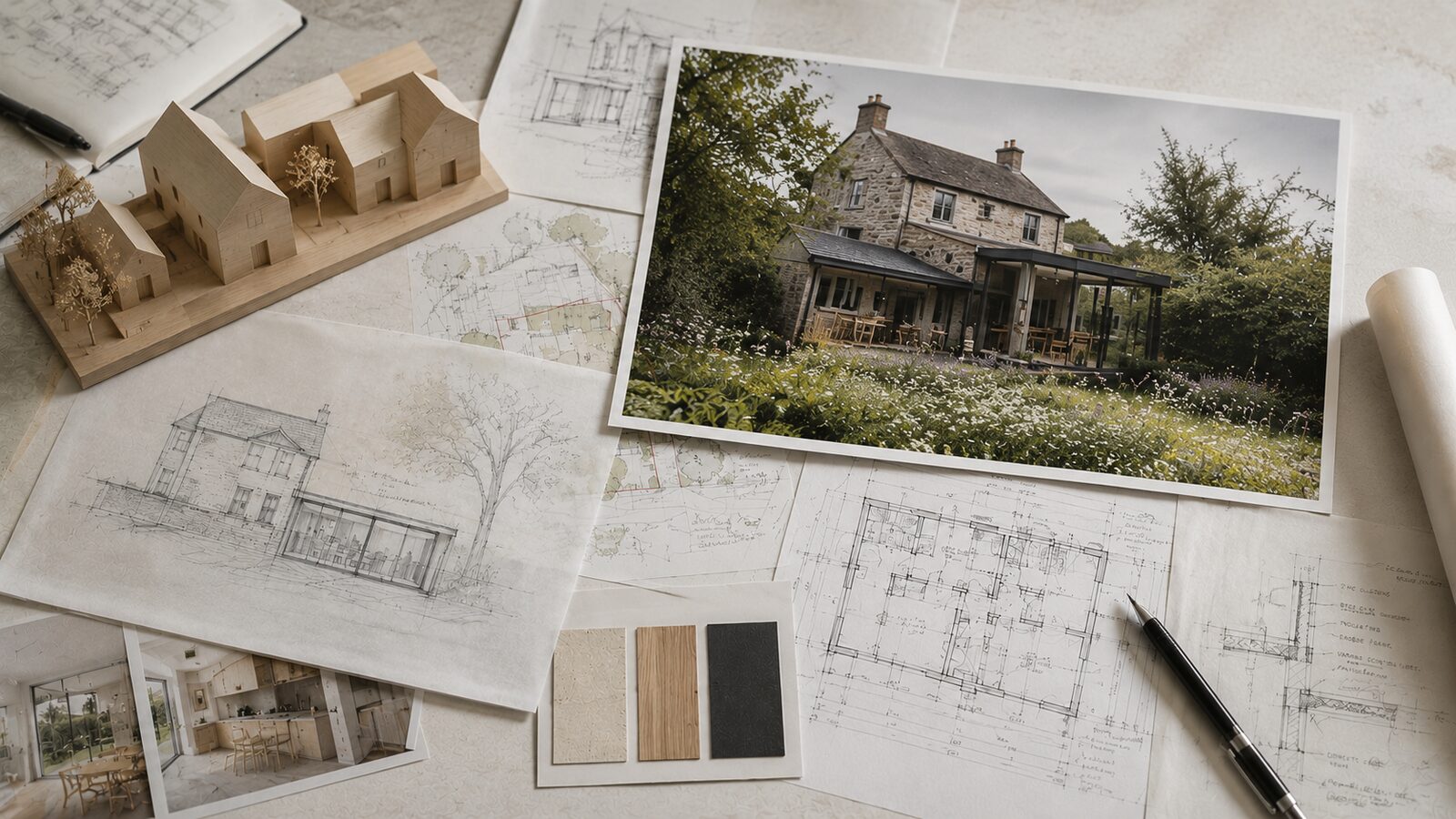 A flat-lay of architectural sketches, a timber massing model, material samples and a printed photograph of a stone house with a contemporary rear extension, on a studio desk