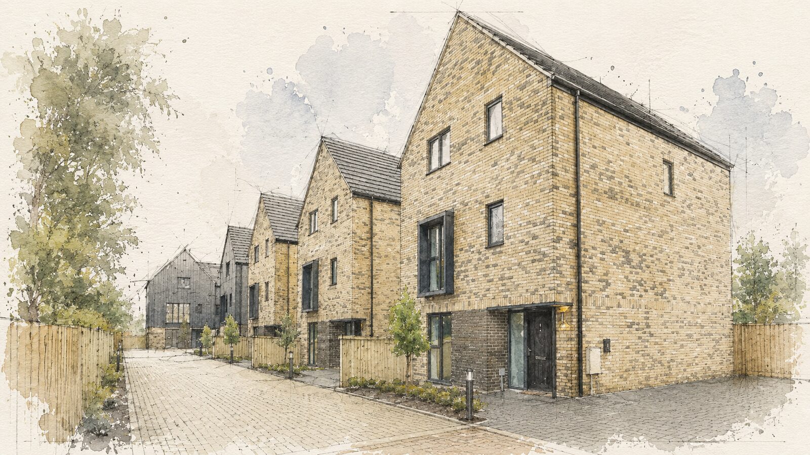 Concept illustration of a small new-build residential street, several gable-fronted brick homes arranged along a shared access road