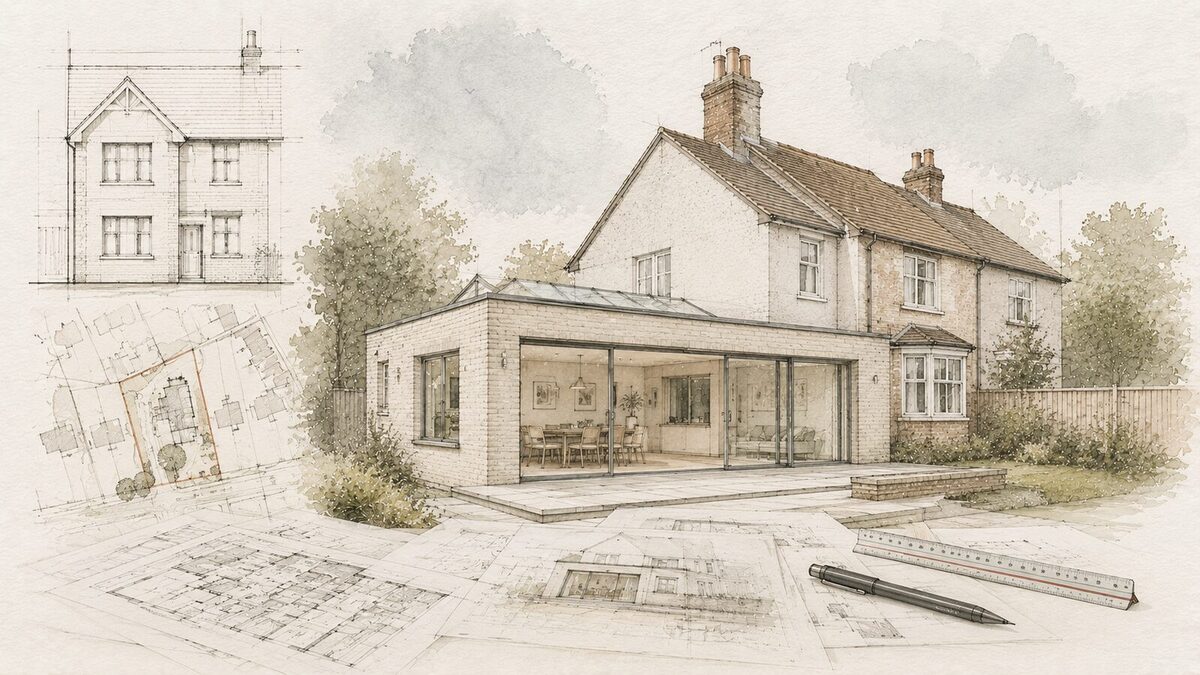 Concept illustration of a house extension elevation drawing alongside a site plan sketch, pencil studies of the proposal in the background