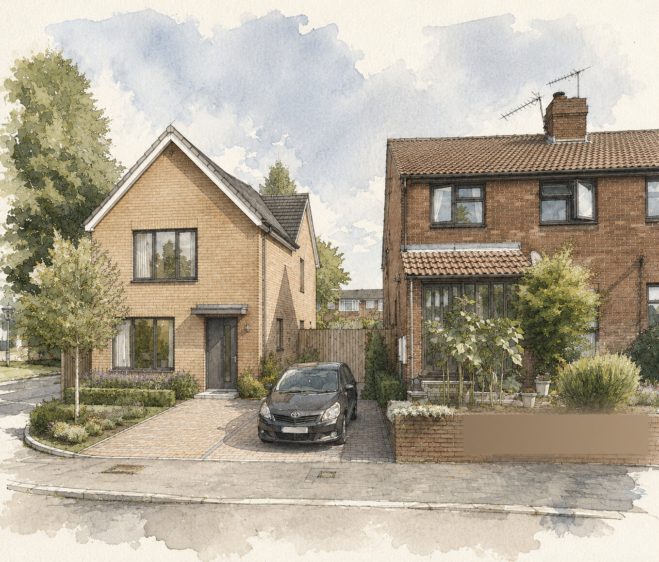 A watercolour concept illustration of the Petworth property alongside its neighbour, from the street