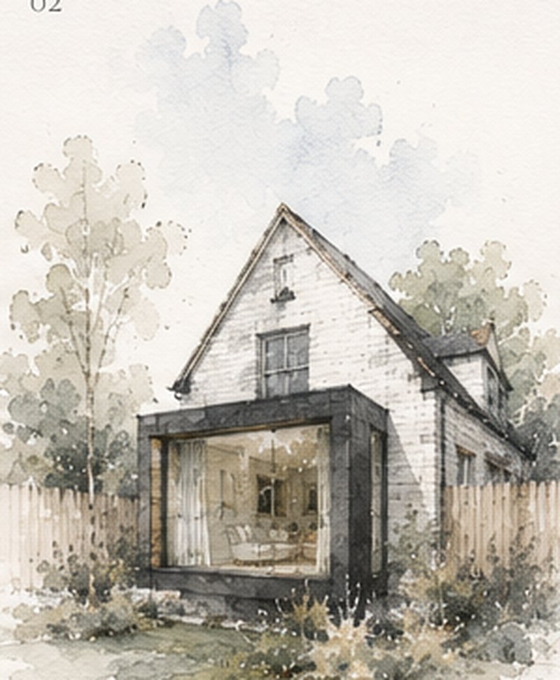 Watercolour illustration of a house with a black-framed glazed rear extension