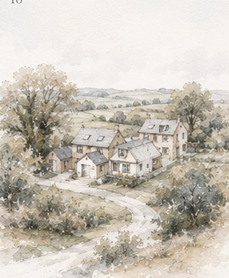Watercolour illustration of houses set within open land and mature trees