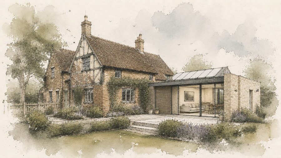 Concept illustration of a traditional brick cottage with a contemporary glazed extension