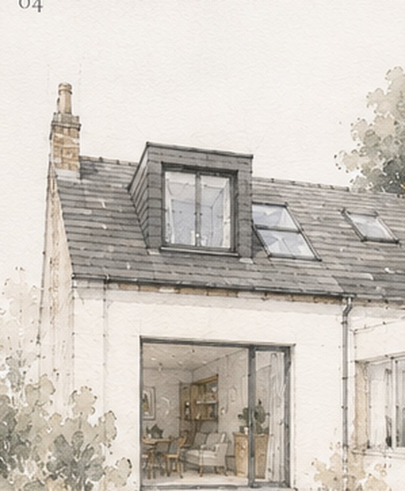 Watercolour illustration of a loft conversion with a dormer window on a pitched roof