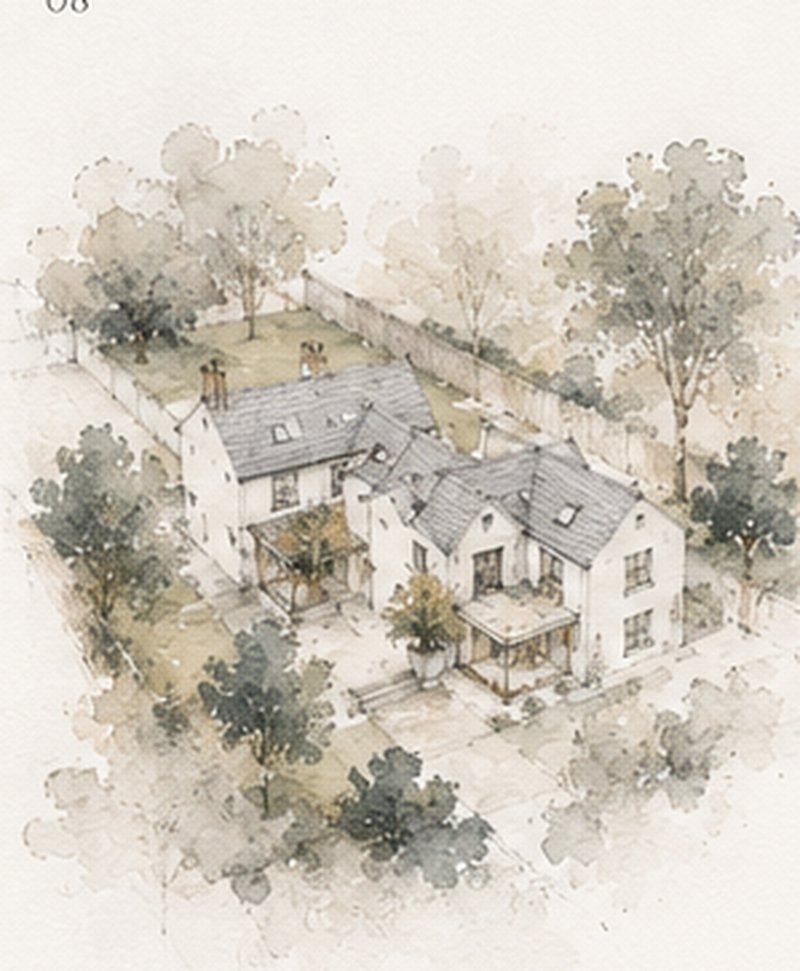 Watercolour aerial illustration of a small residential scheme set within its landscape