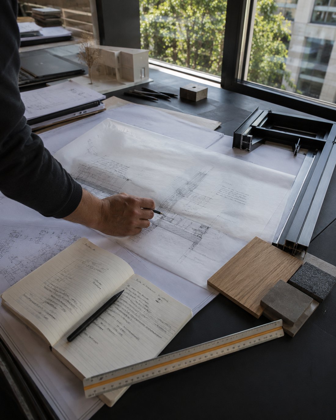 A hand marking up a technical drawing on tracing paper at a drafting table, surrounded by a notebook, scale ruler, material samples and a massing model, with daylight from a studio window